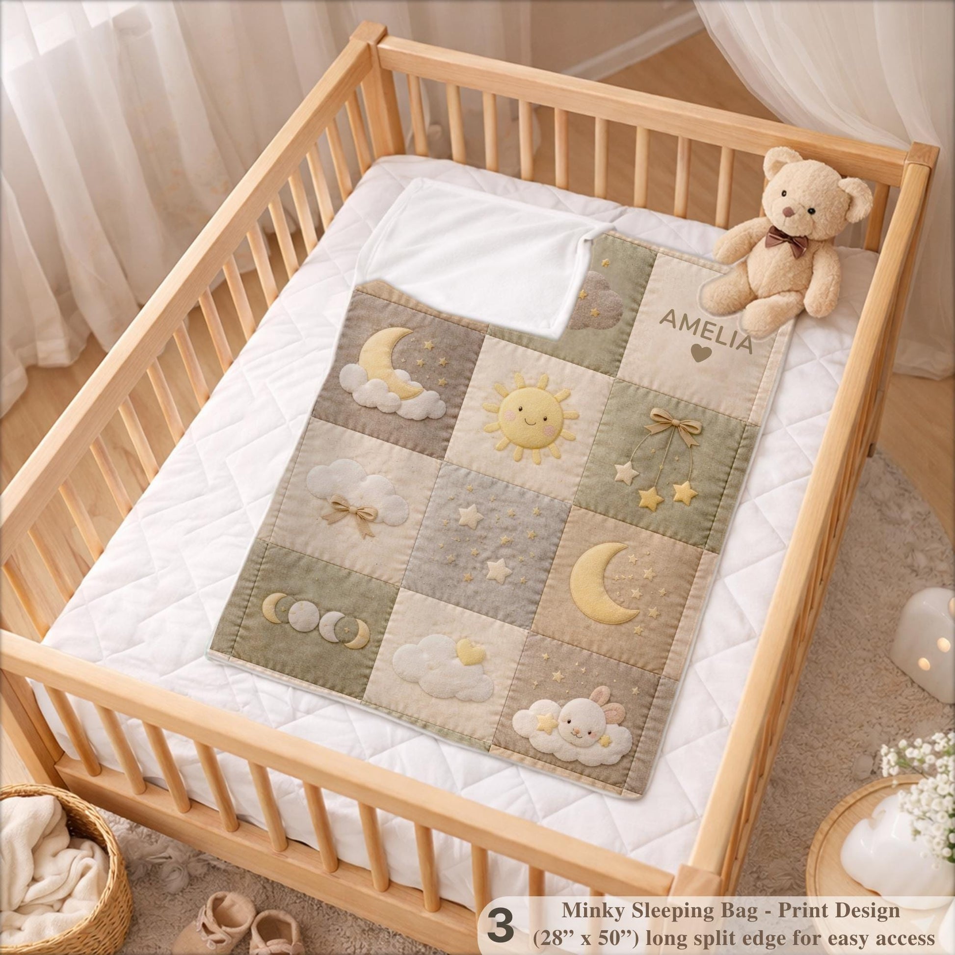 Personalized patchwork look baby blanket with clouds, sun, moon and stars in a soft quilt-style design. Neutral nursery colors with custom name.