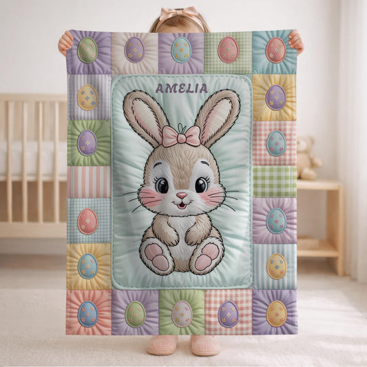 Personalized baby blanket with name in a patchwork quilt look featuring an Easter bunny. Soft pastel tones – velveteen, minky or sleeping bag.