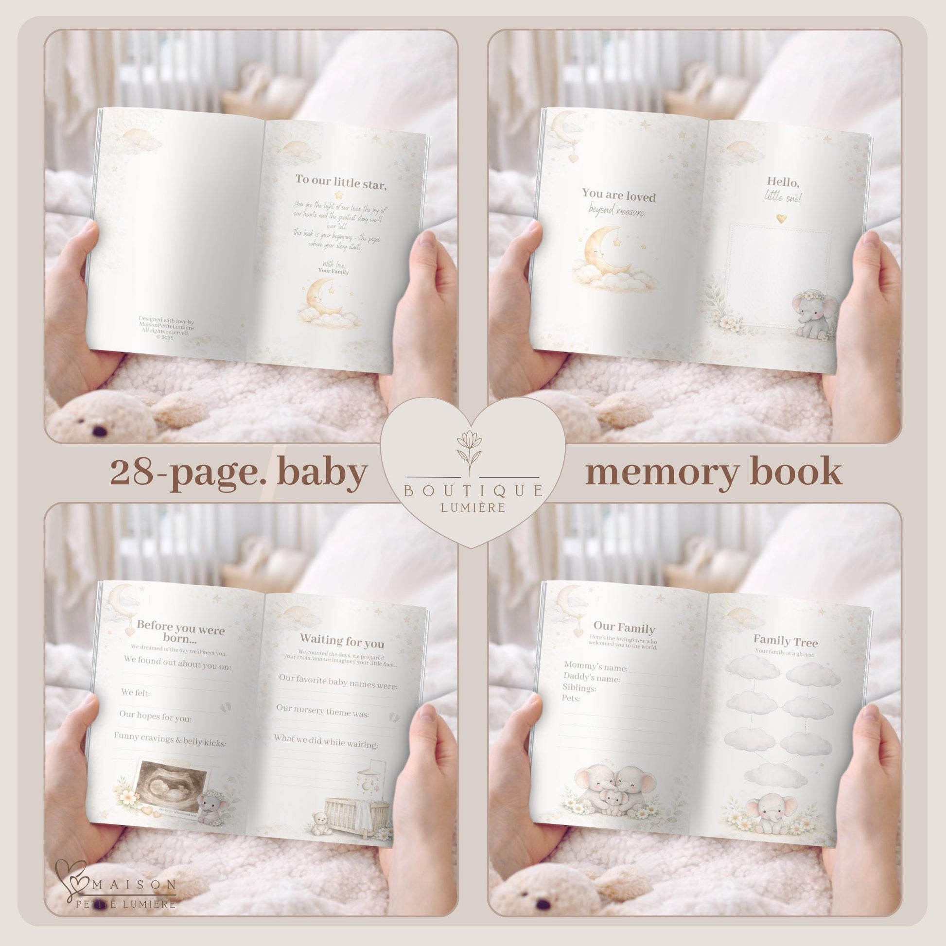 Personalized baby memory book for your baby’s first year. A timeless keepsake journal with space for photos, milestones and notes. Perfect newborn or baby shower gift.