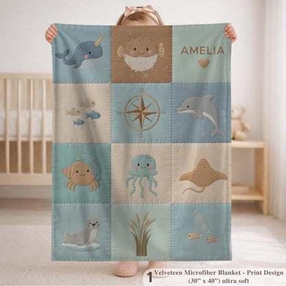 Personalized Baby Blanket in Patchwork Quilt Look with Sea Animals. Neutral Colors with Name.