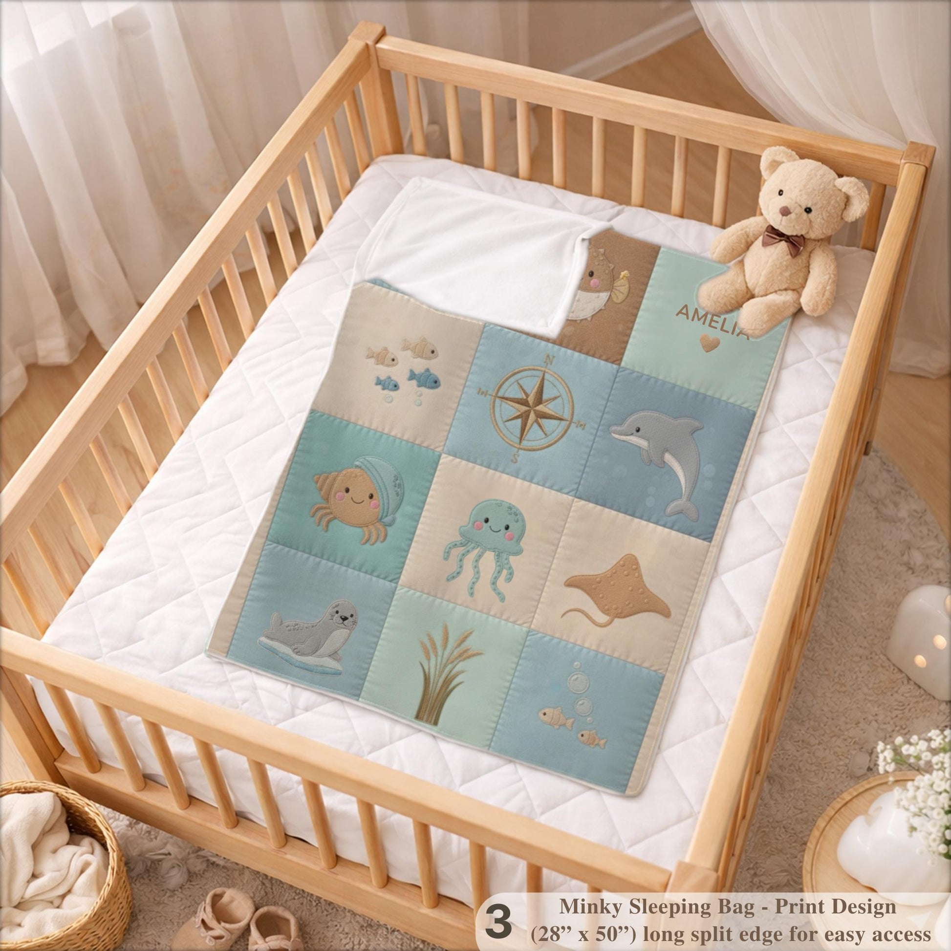 Personalized Baby Blanket in Patchwork Quilt Look with Sea Animals. Neutral Colors with Name.