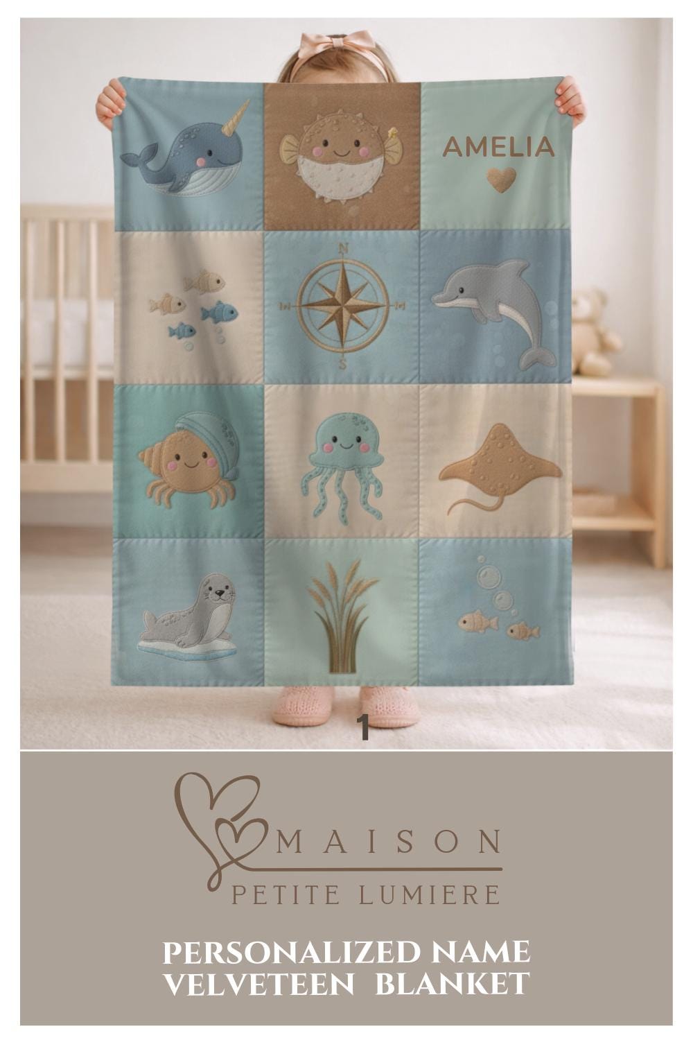 Personalized Baby Blanket in Patchwork Quilt Look with Sea Animals. Neutral Colors with Name.