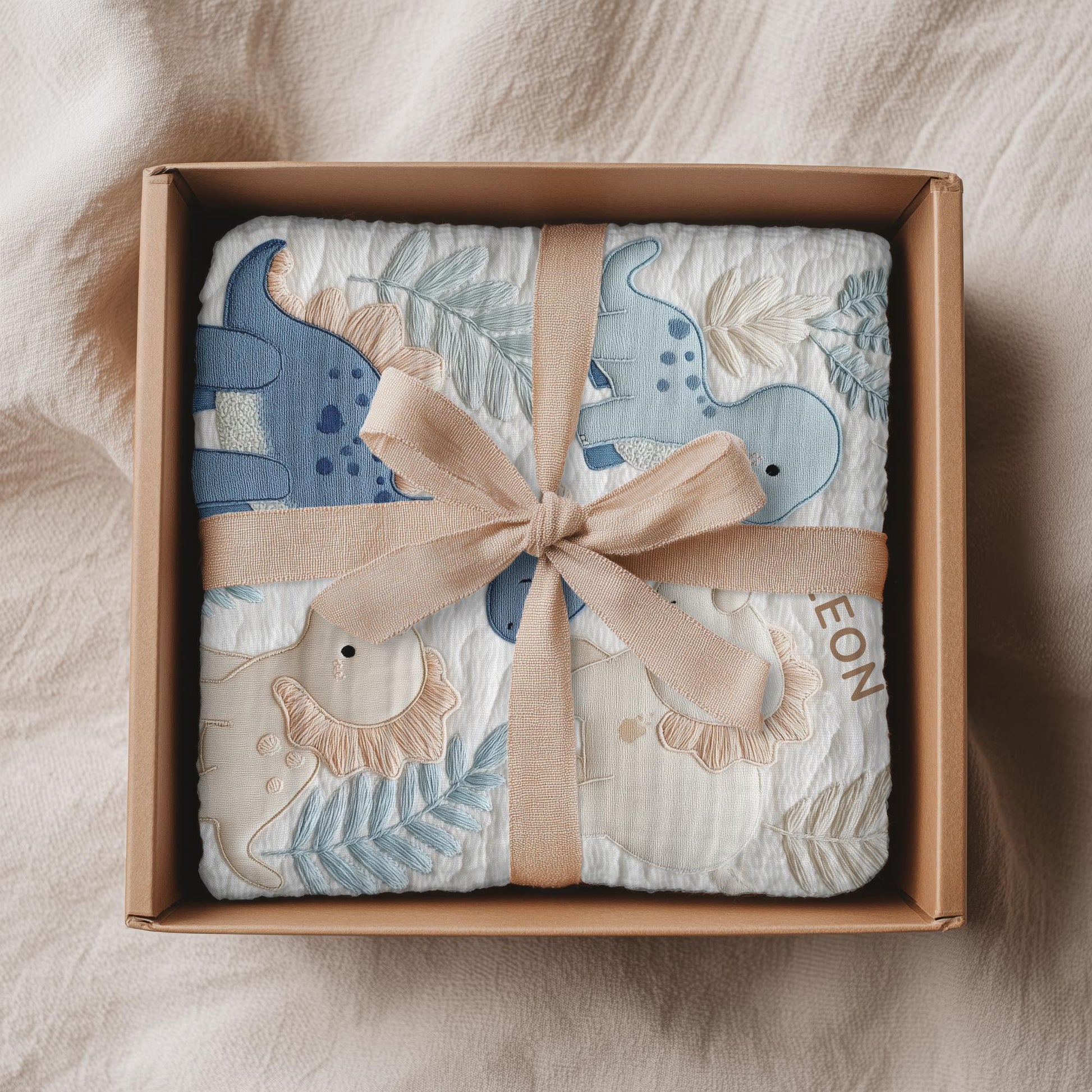 Personalized Dinosaur Baby Blanket with Name. Soft natural colors, embroidered-look design – a loving gift for a newborn or baptism.