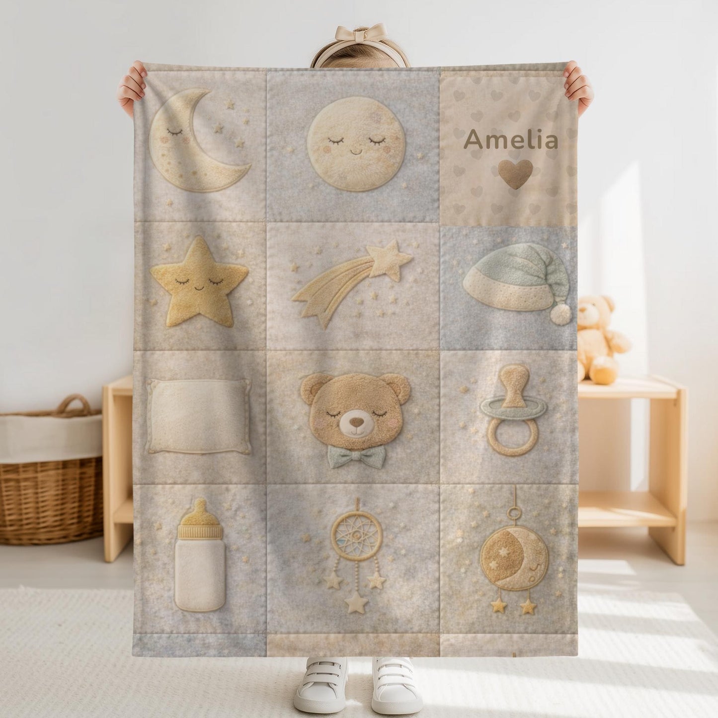 Personalized Patchwork Baby Blanket with Name • Boho Good Night Sleep Quilt • Moon Stars Nursery Blanket • Neutral Newborn Gift