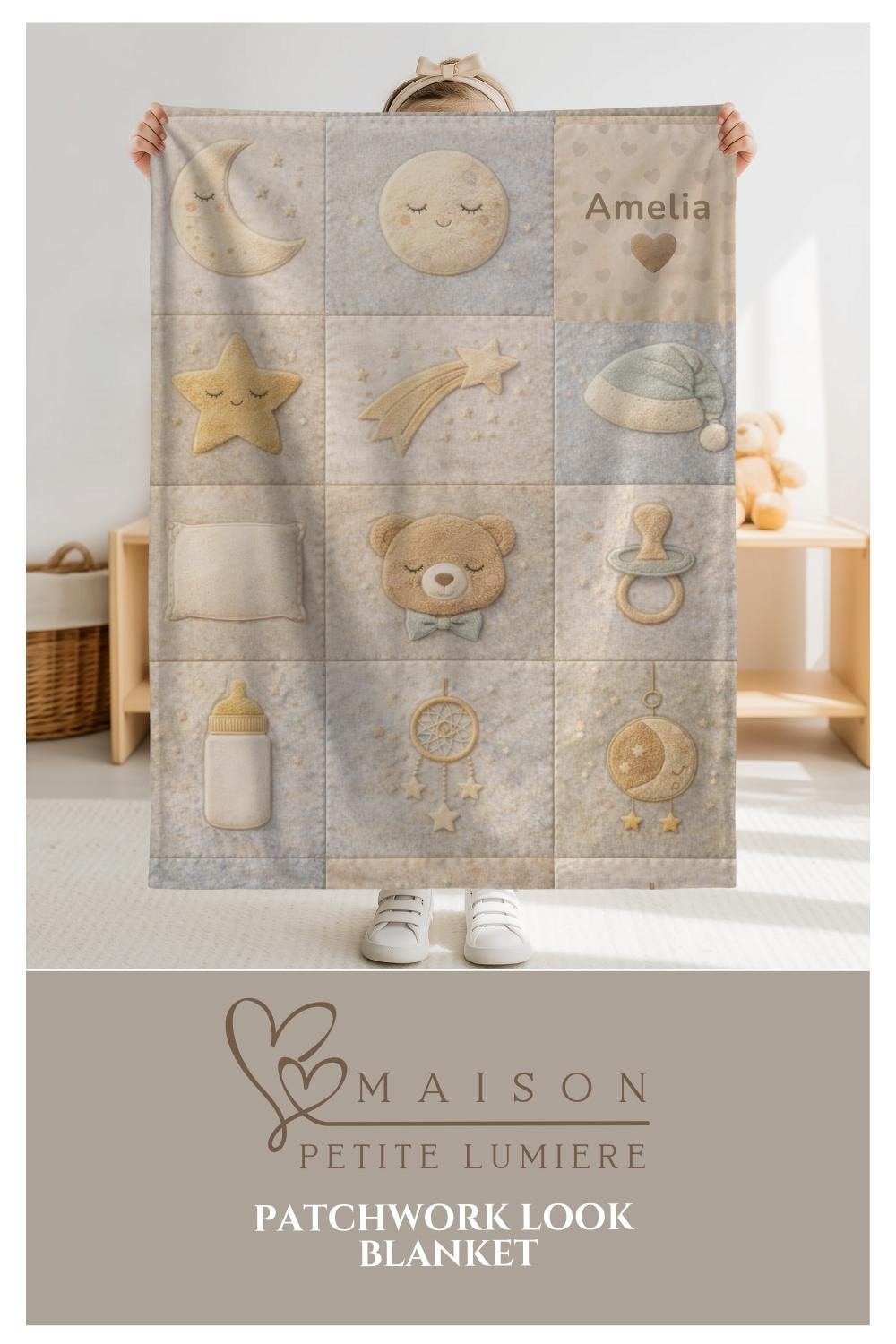 Personalized Patchwork Baby Blanket with Name • Boho Good Night Sleep Quilt • Moon Stars Nursery Blanket • Neutral Newborn Gift