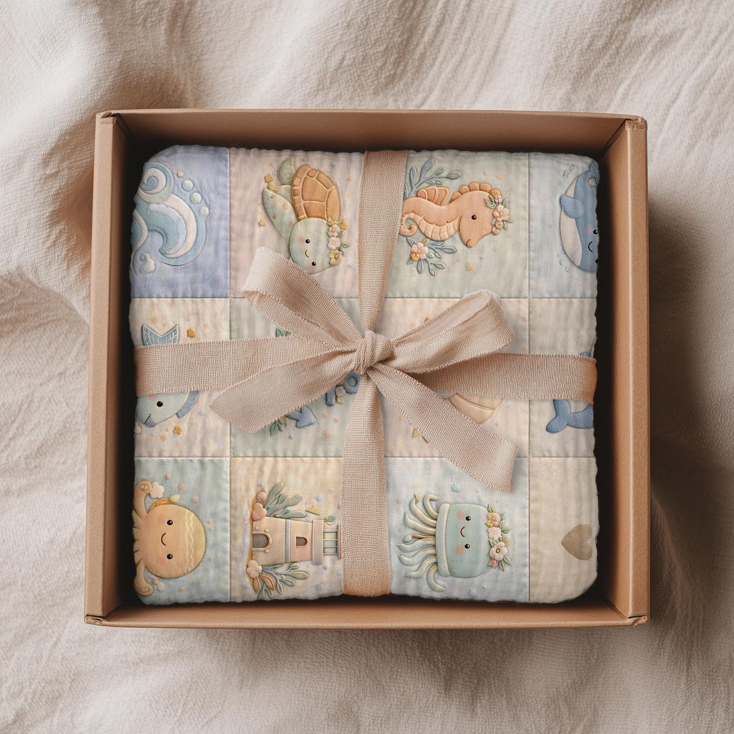 Personalized patchwork look baby blanket with name, whale, octopus and crab in a soft underwater quilt design. Cozy newborn blanket and baby gift.