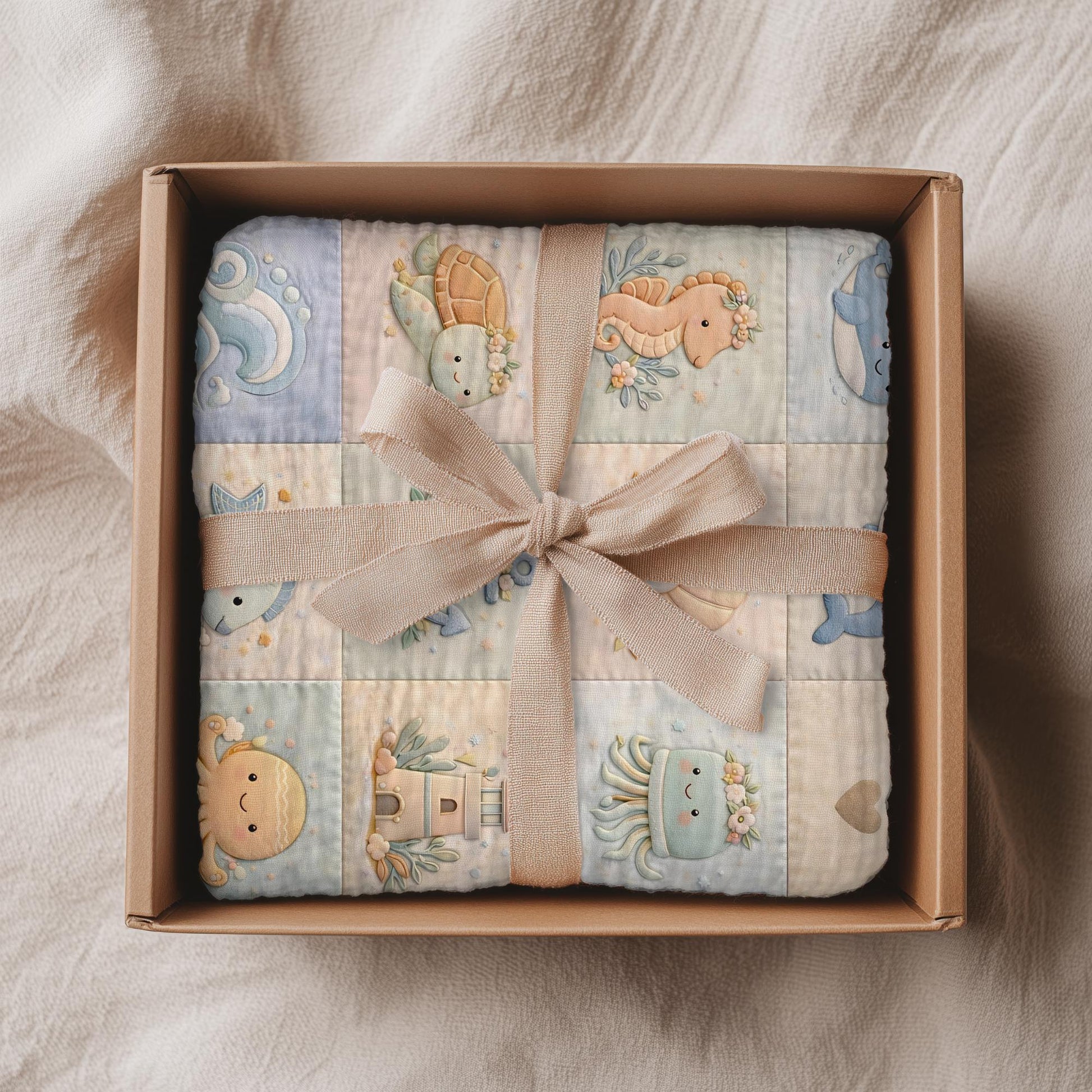 Personalized patchwork look baby blanket with name, whale, octopus and crab in a soft underwater quilt design. Cozy newborn blanket and baby gift.