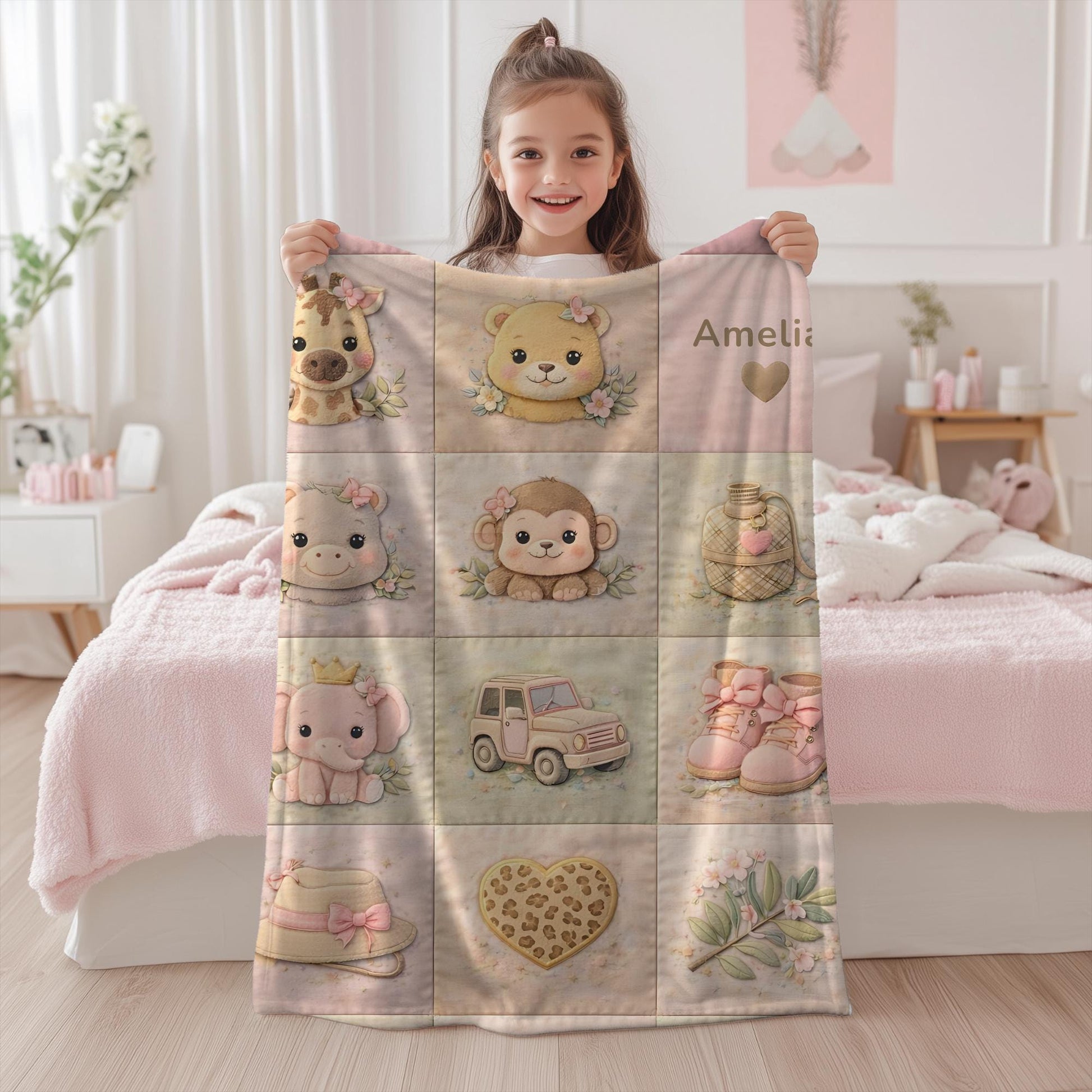 Personalized patchwork look baby blanket featuring a soft safari-inspired quilt design in calm, neutral tones