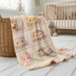Personalized patchwork look baby blanket featuring a soft safari-inspired quilt design in calm, neutral tones