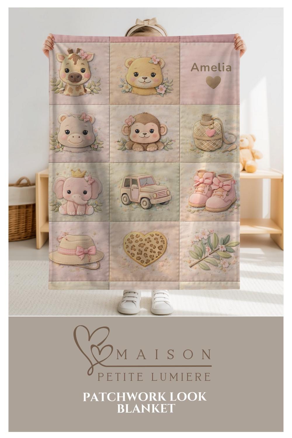 Personalized patchwork look baby blanket featuring a soft safari-inspired quilt design in calm, neutral tones