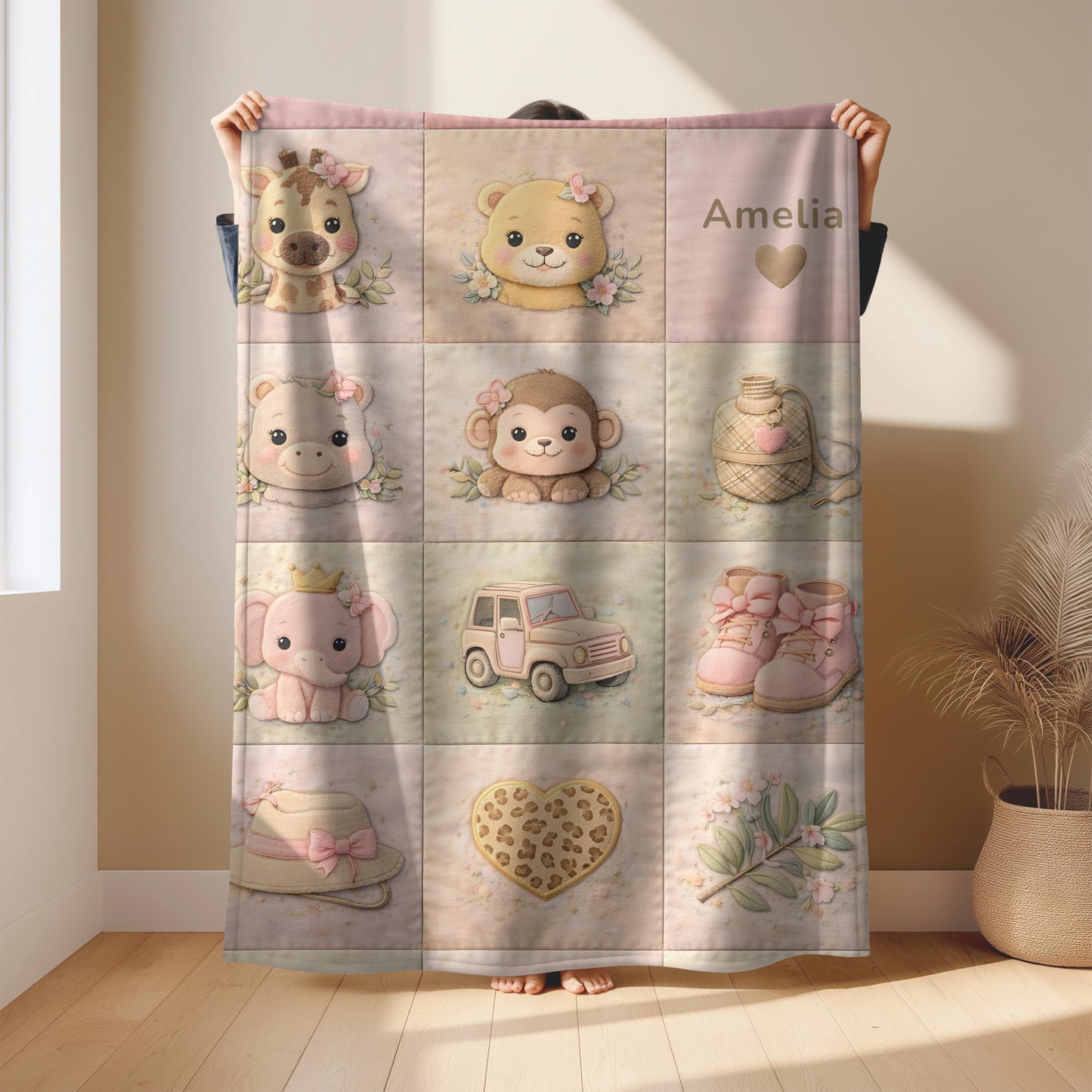 Personalized patchwork look baby blanket featuring a soft safari-inspired quilt design in calm, neutral tones