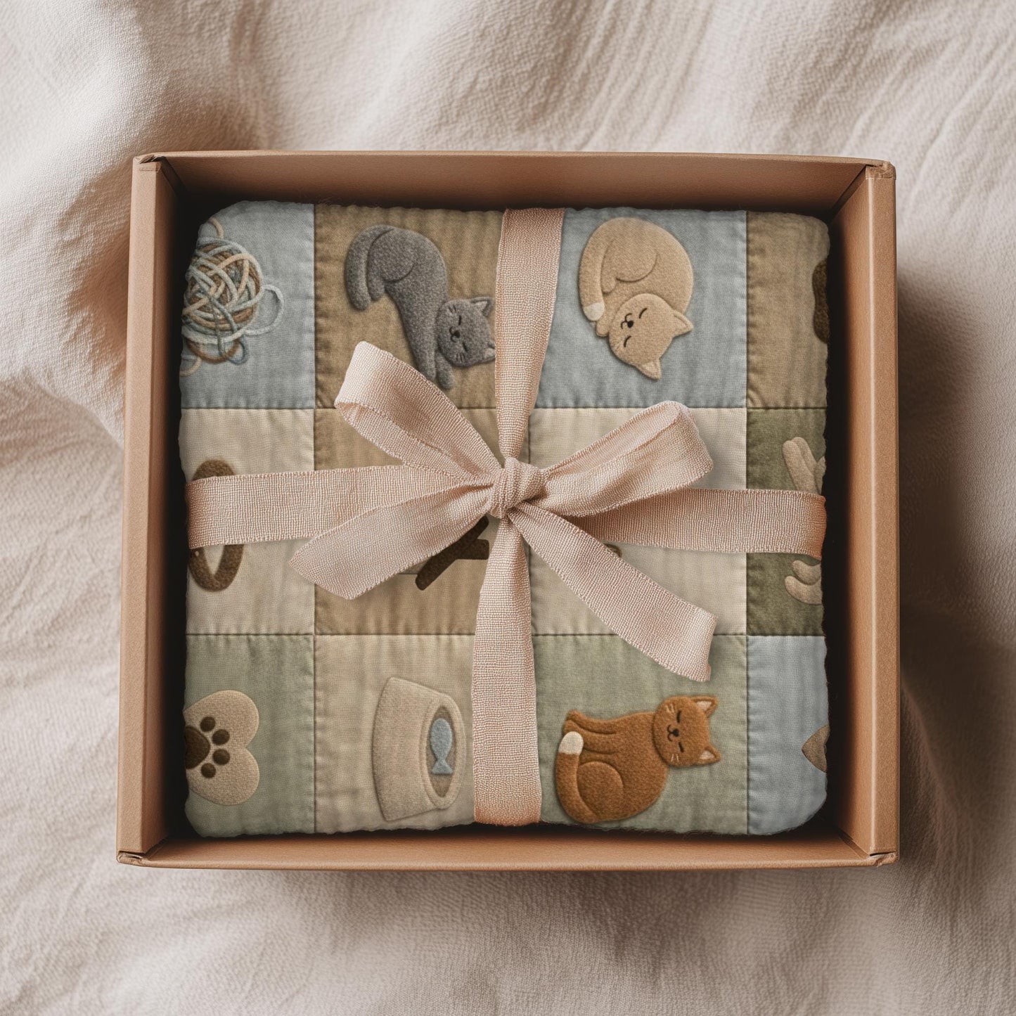 Personalized baby blanket with name in a patchwork look with sweet kitten motifs in neutral tones. Printed quilt style for cozy modern nurseries.