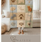 Personalized baby blanket with name in a patchwork look with sweet kitten motifs in neutral tones. Printed quilt style for cozy modern nurseries.