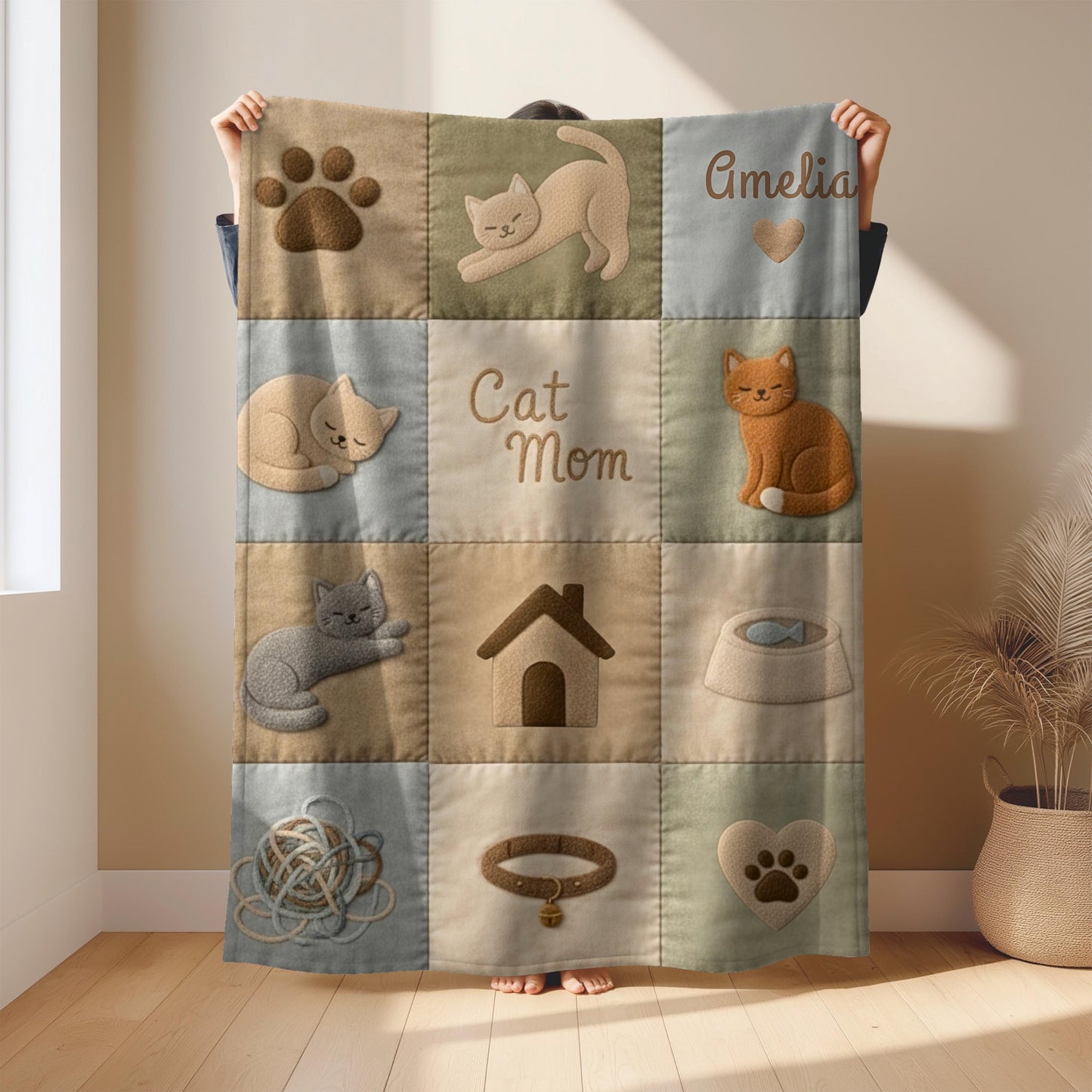 Personalized baby blanket with name in a patchwork look with sweet kitten motifs in neutral tones. Printed quilt style for cozy modern nurseries.