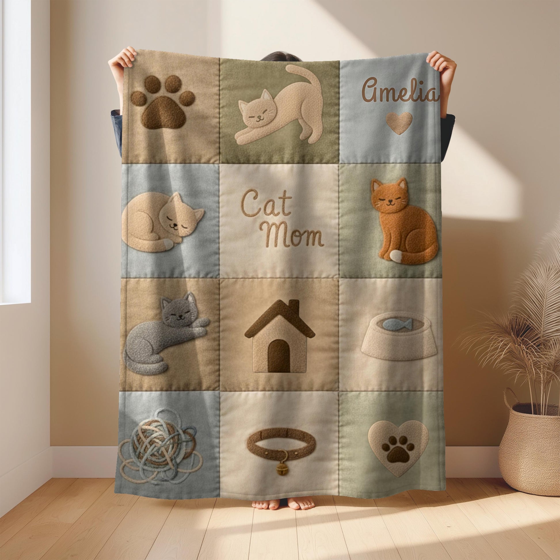 Personalized baby blanket with name in a patchwork look with sweet kitten motifs in neutral tones. Printed quilt style for cozy modern nurseries.