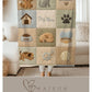 Personalized baby blanket with name in a patchwork look with cute puppy motifs in neutral tones. Printed quilt style for cozy modern nurseries.