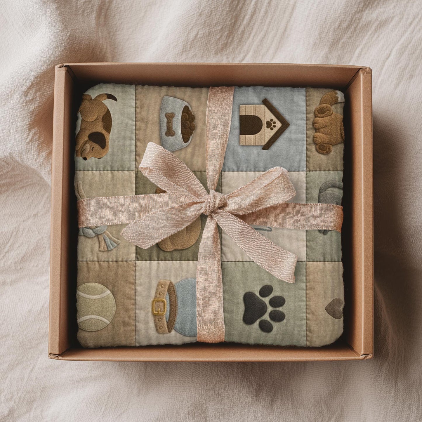 Personalized baby blanket with name in a patchwork look with cute puppy motifs in neutral tones. Printed quilt style for cozy modern nurseries.