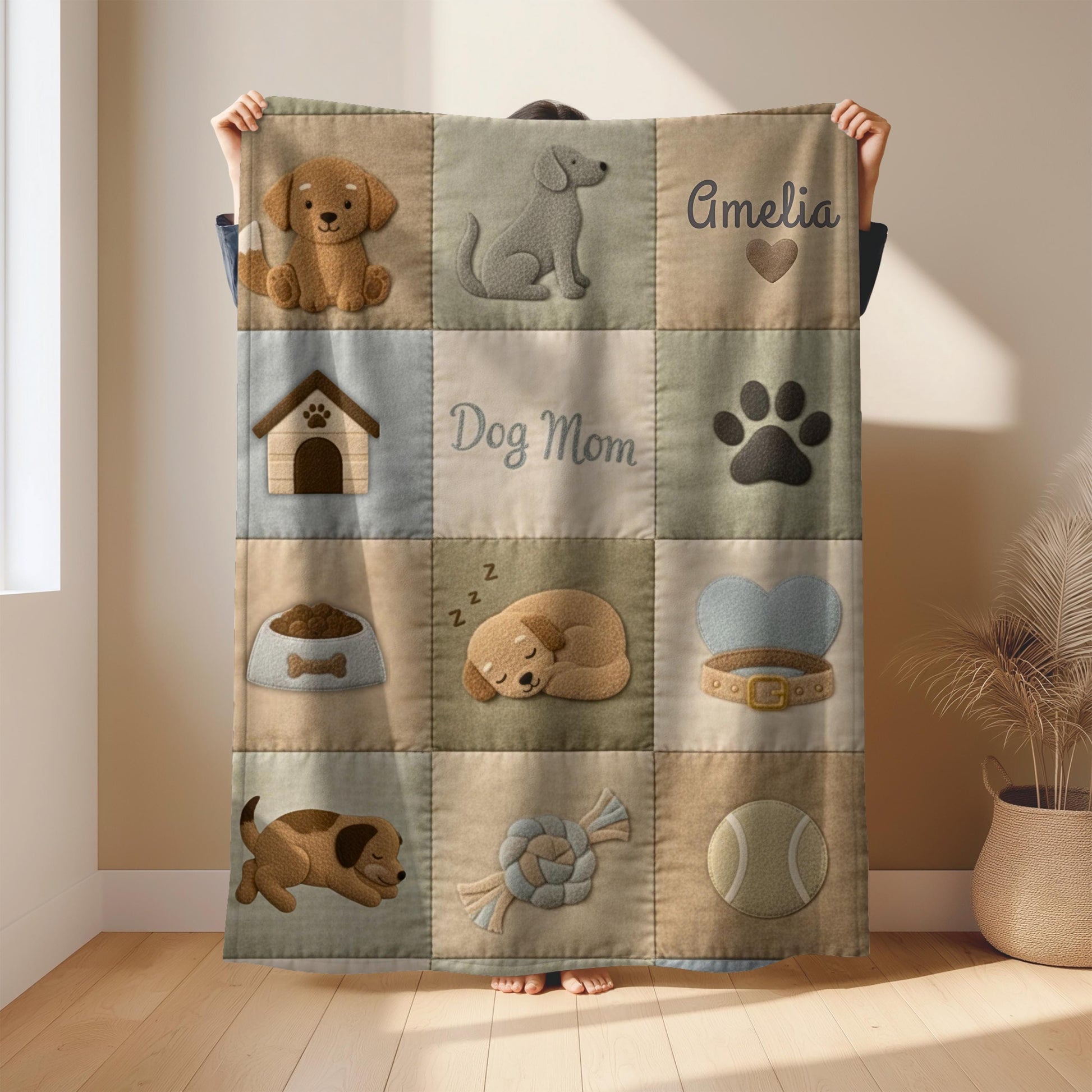 Personalized baby blanket with name in a patchwork look with cute puppy motifs in neutral tones. Printed quilt style for cozy modern nurseries.