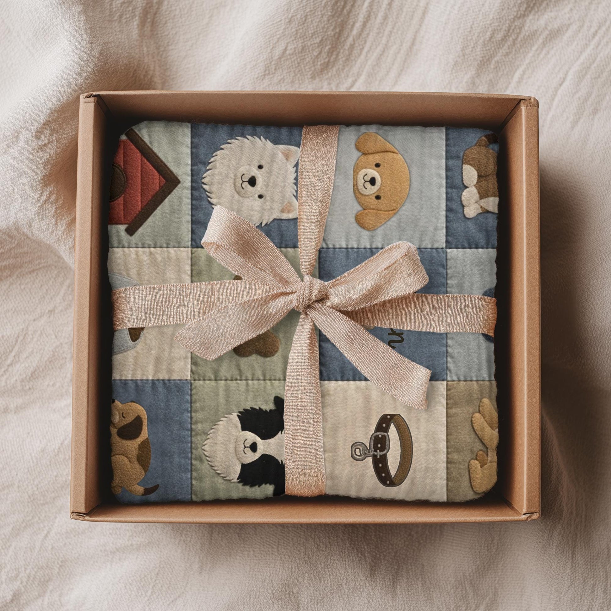 Personalized baby blanket in a patchwork design with sweet dog motifs in calm neutral tones. Printed quilt look for cozy modern nurseries.