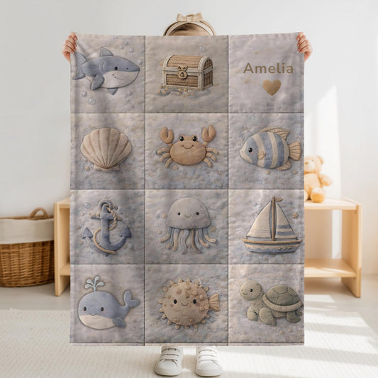 Personalized Ocean Baby Quilt Blanket with Name • Neutral Patchwork Look • Nautical Nursery Decor & Baby Shower Gift • Whale Octopus Crab