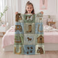 Personalized baby blanket in a patchwork look with horse and farm motifs in calm neutral tones. Printed quilt style for cozy modern nurseries.