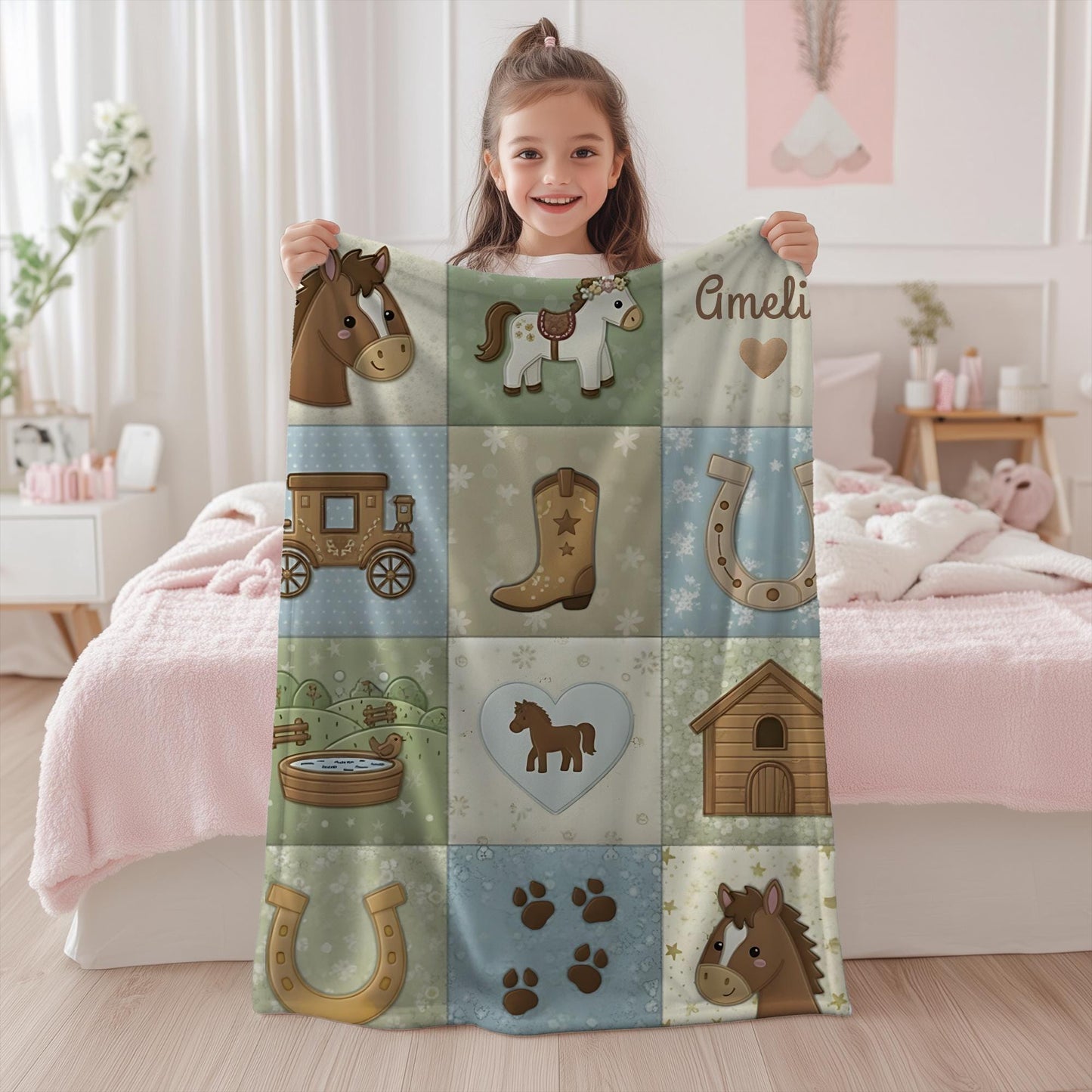 Personalized baby blanket in a patchwork look with horse and farm motifs in calm neutral tones. Printed quilt style for cozy modern nurseries.