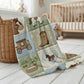 Personalized baby blanket in a patchwork look with horse and farm motifs in calm neutral tones. Printed quilt style for cozy modern nurseries.