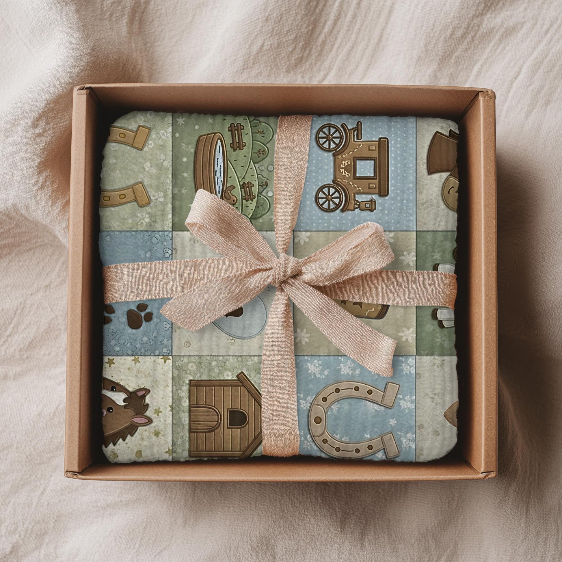 Personalized baby blanket in a patchwork look with horse and farm motifs in calm neutral tones. Printed quilt style for cozy modern nurseries.