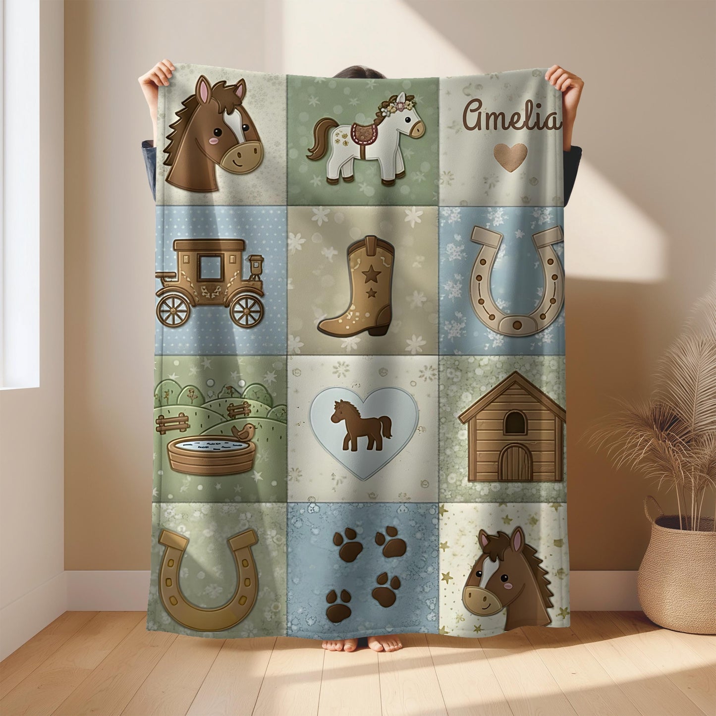 Personalized baby blanket in a patchwork look with horse and farm motifs in calm neutral tones. Printed quilt style for cozy modern nurseries.