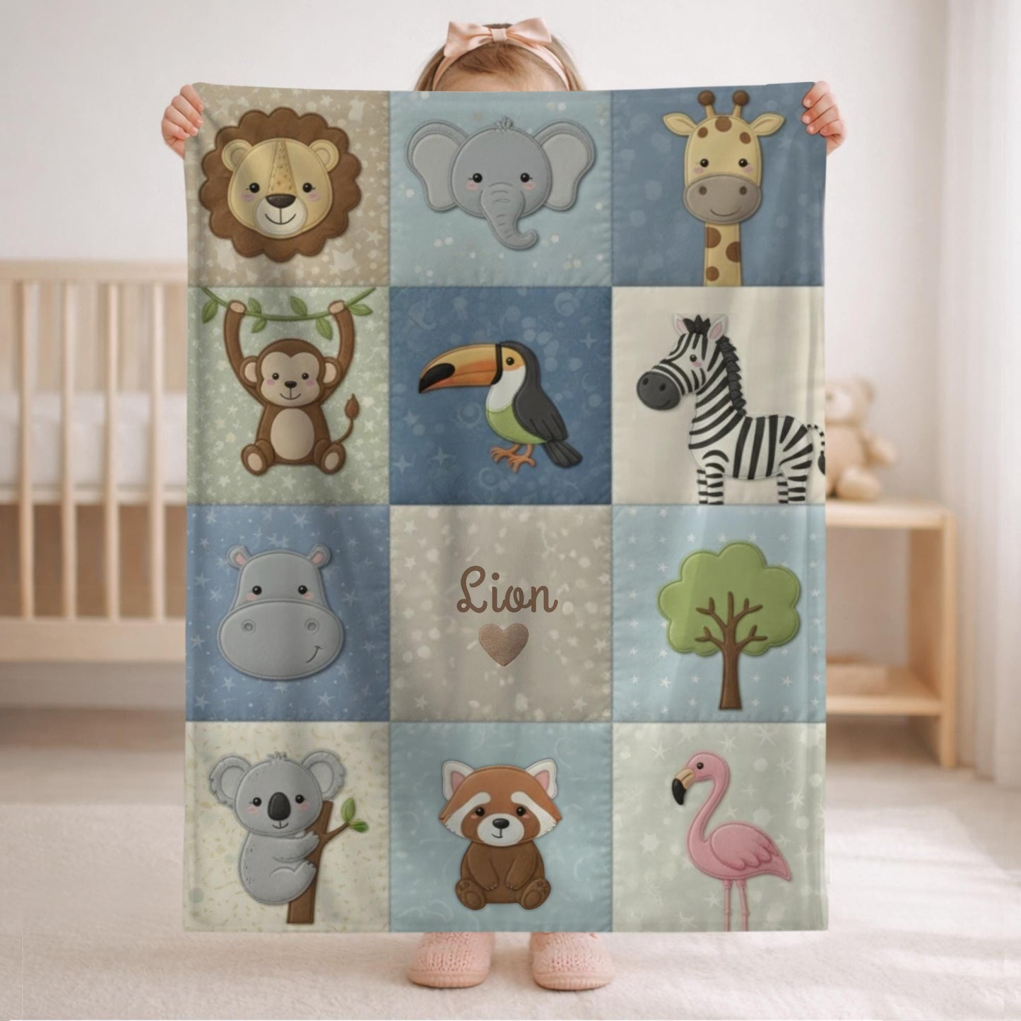 Jungle friends safari baby blanket with monkey, rhino and parrot in neutral tones. Printed quilt look fabric, personalized animal nursery decor.