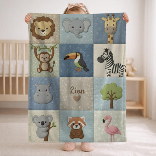 Jungle friends safari baby blanket with monkey, rhino and parrot in neutral tones. Printed quilt look fabric, personalized animal nursery decor.