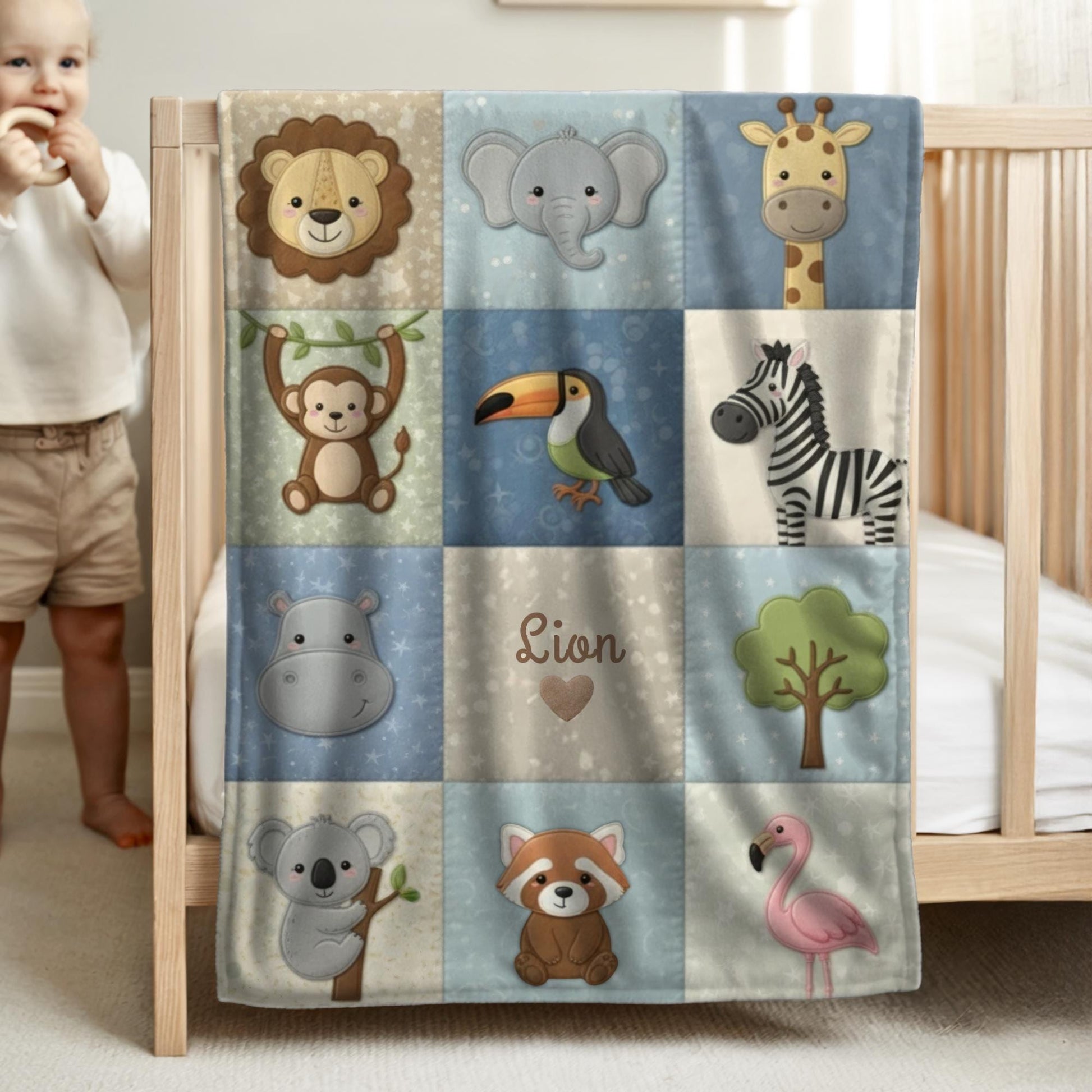 Jungle friends safari baby blanket with monkey, rhino and parrot in neutral tones. Printed quilt look fabric, personalized animal nursery decor.