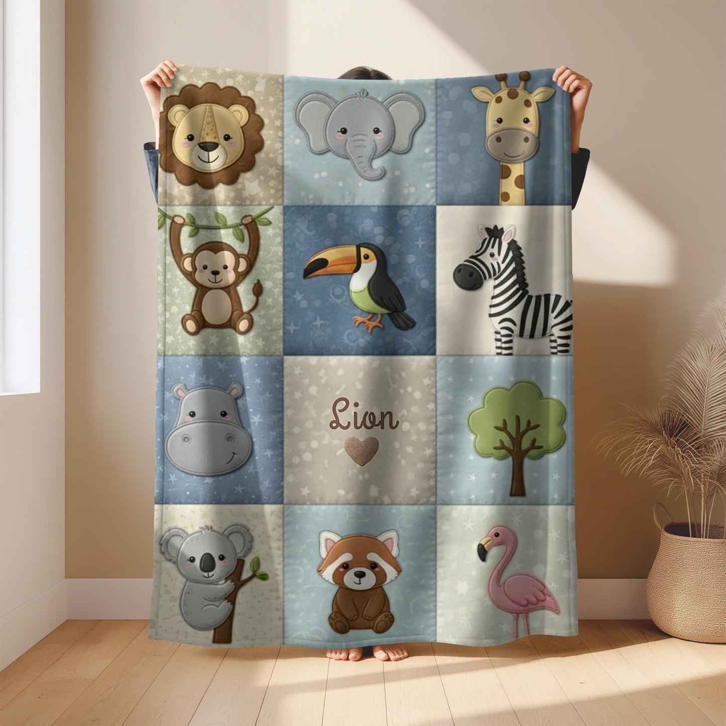 Jungle friends safari baby blanket with monkey, rhino and parrot in neutral tones. Printed quilt look fabric, personalized animal nursery decor.