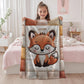 A timeless heirloom-style baby quilt featuring a woodland fox in an embroidered-look patchwork design. Soft neutral tones, perfect for nursery decor or a newborn gift.