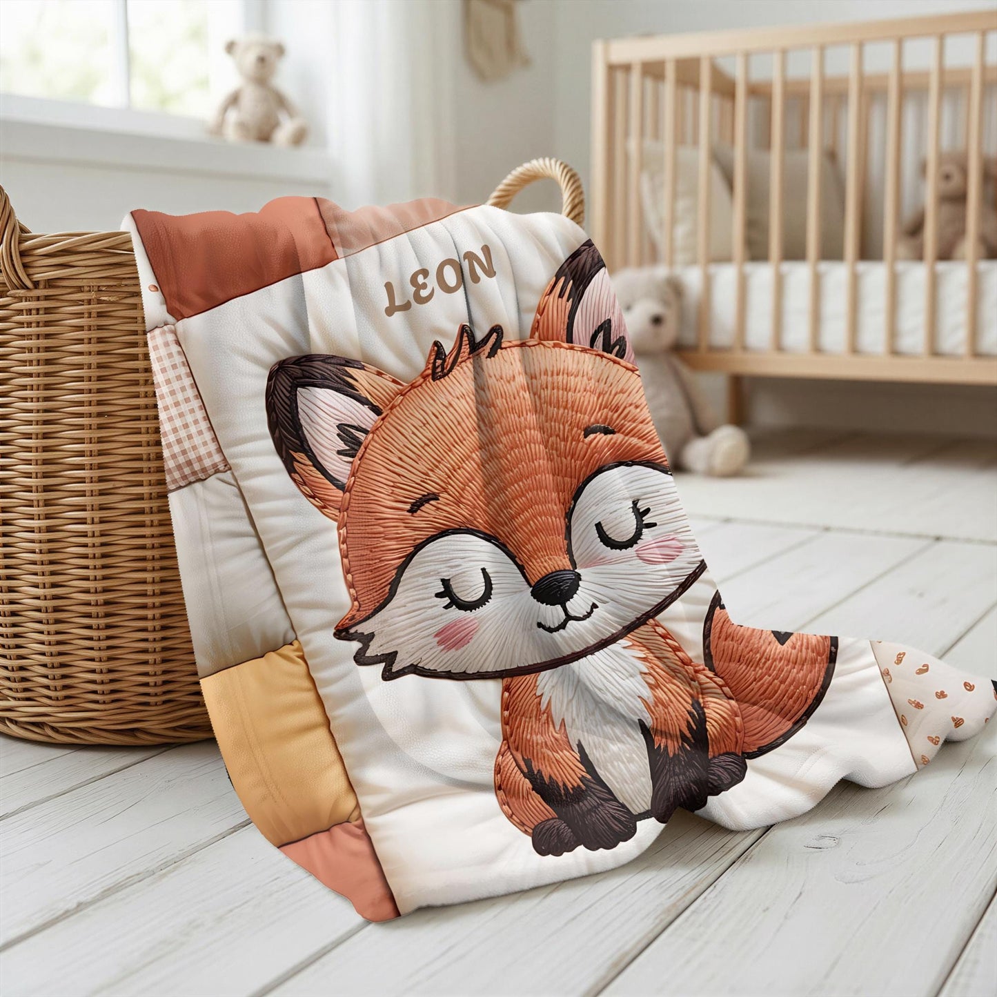 A timeless heirloom-style baby quilt featuring a woodland fox in an embroidered-look patchwork design. Soft neutral tones, perfect for nursery decor or a newborn gift.