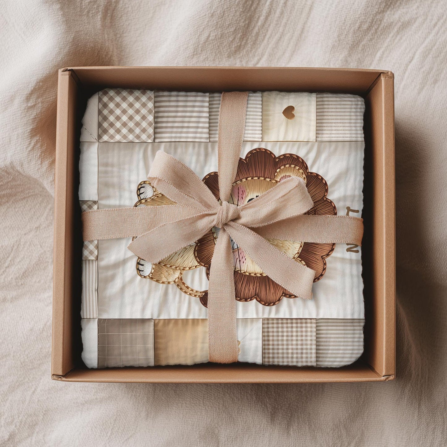 A personalized baby quilt blanket featuring a sweet lion in an heirloom-style patchwork look. Soft neutral tones – perfect for safari or neutral nurseries.