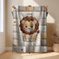 A personalized baby quilt blanket featuring a sweet lion in an heirloom-style patchwork look. Soft neutral tones – perfect for safari or neutral nurseries.