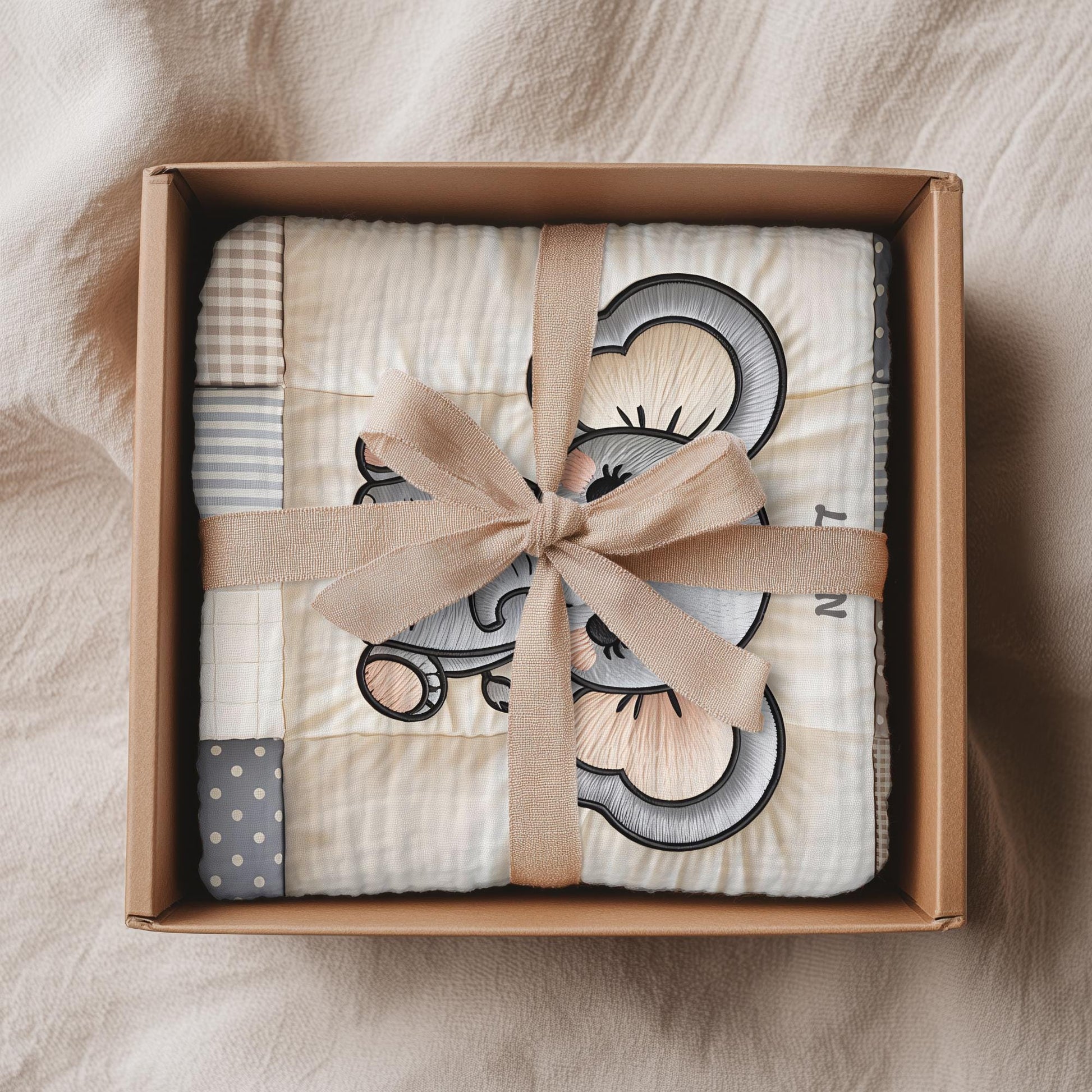 A personalized baby quilt blanket featuring a sweet elephant in an embroidered-look patchwork design. Soft neutral tones, perfect for nursery decor or a newborn gift.