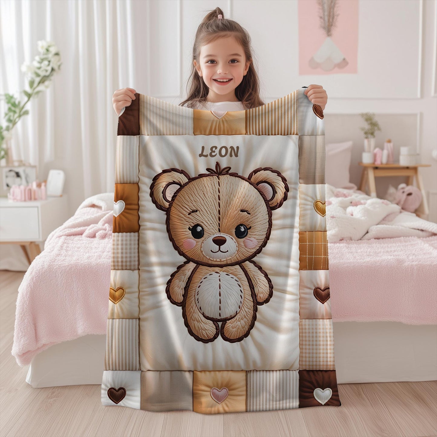 A personalized baby quilt blanket featuring a sweet teddy bear in an embroidered-look patchwork design. Soft neutral tones, perfect for nursery decor or a newborn gift.