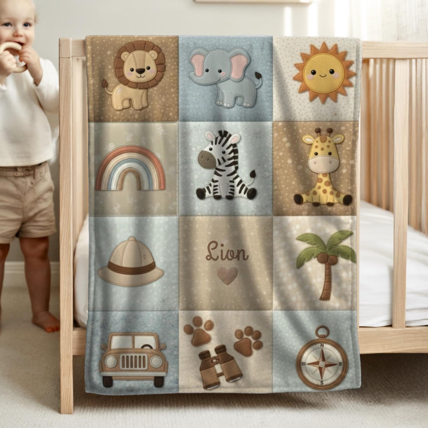 Explorer safari baby blanket with jeep and compass adventure theme. Printed quilt look, personalized for little explorer nurseries.