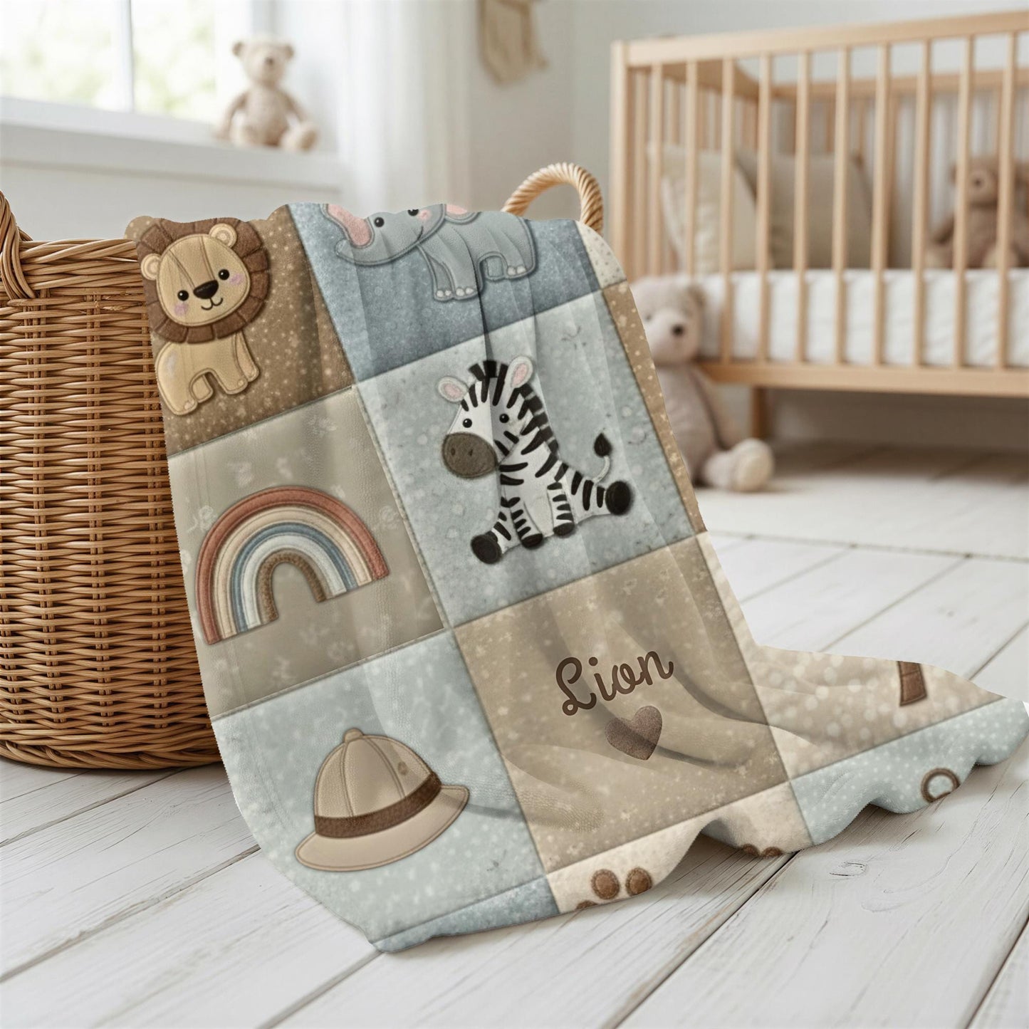 Explorer safari baby blanket with jeep and compass adventure theme. Printed quilt look, personalized for little explorer nurseries.