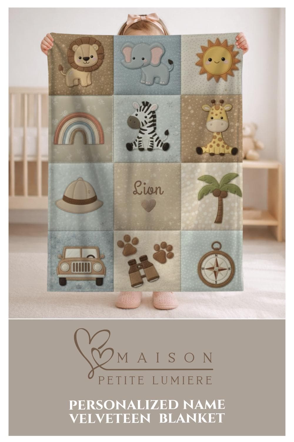 Explorer safari baby blanket with jeep and compass adventure theme. Printed quilt look, personalized for little explorer nurseries.