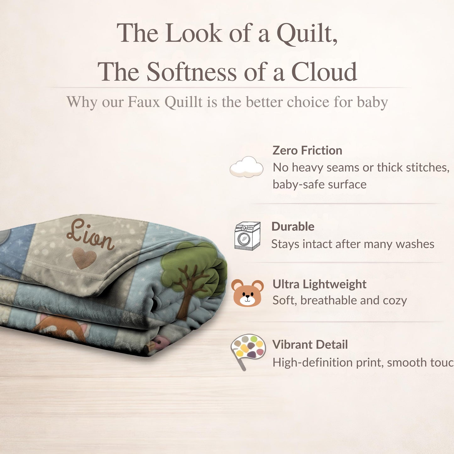 Explorer safari baby blanket with jeep and compass adventure theme. Printed quilt look, personalized for little explorer nurseries.