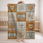 Personalized patchwork look baby blanket with name, lion and elephant in a soft safari quilt design. Cozy newborn blanket and baby gift.