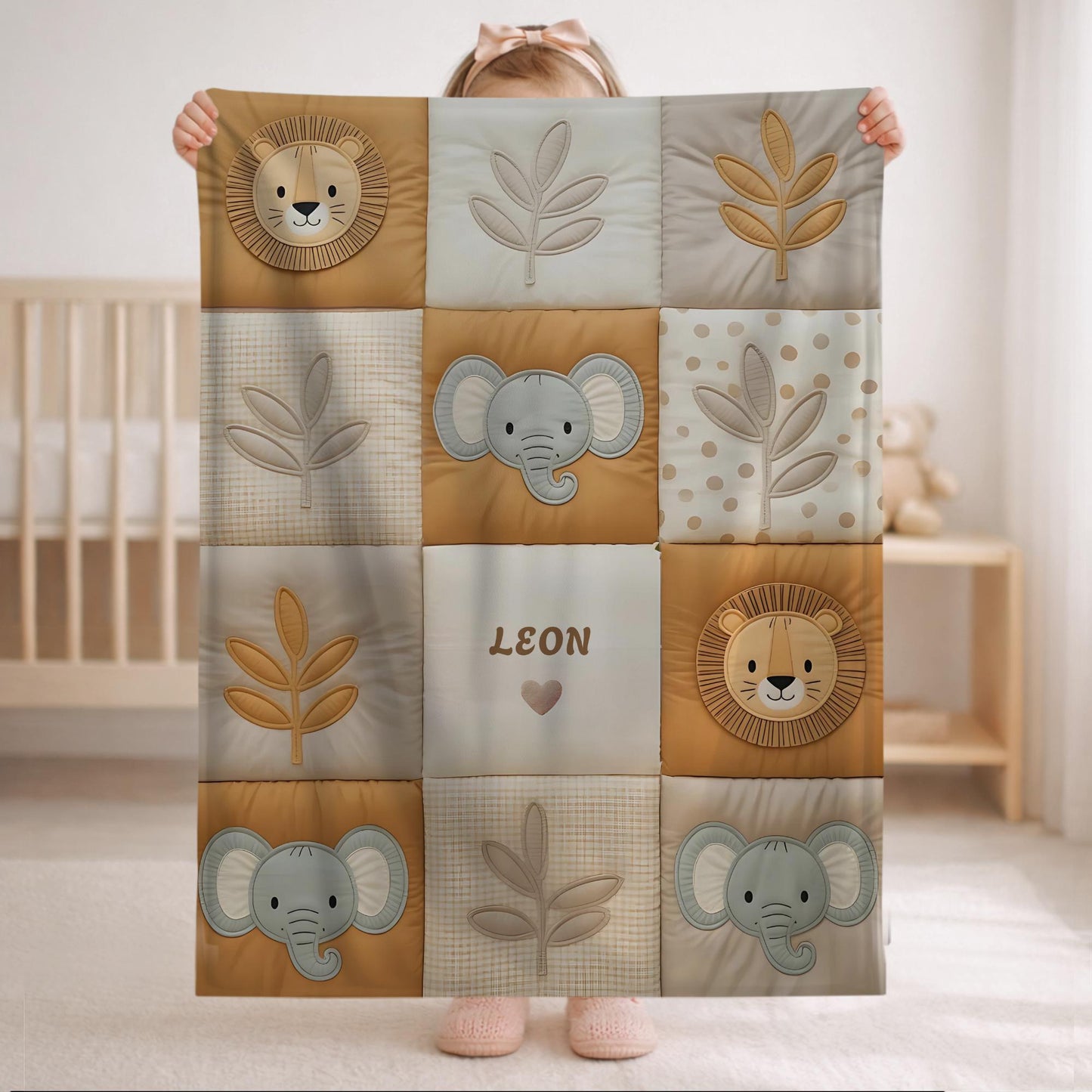 Personalized patchwork look baby blanket with name, lion and elephant in a soft safari quilt design. Cozy newborn blanket and baby gift.