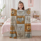 Personalized patchwork look baby blanket with name, lion and elephant in a soft safari quilt design. Cozy newborn blanket and baby gift.
