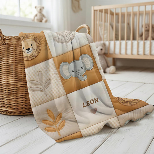 Personalized patchwork look baby blanket with name, lion and elephant in a soft safari quilt design. Cozy newborn blanket and baby gift.