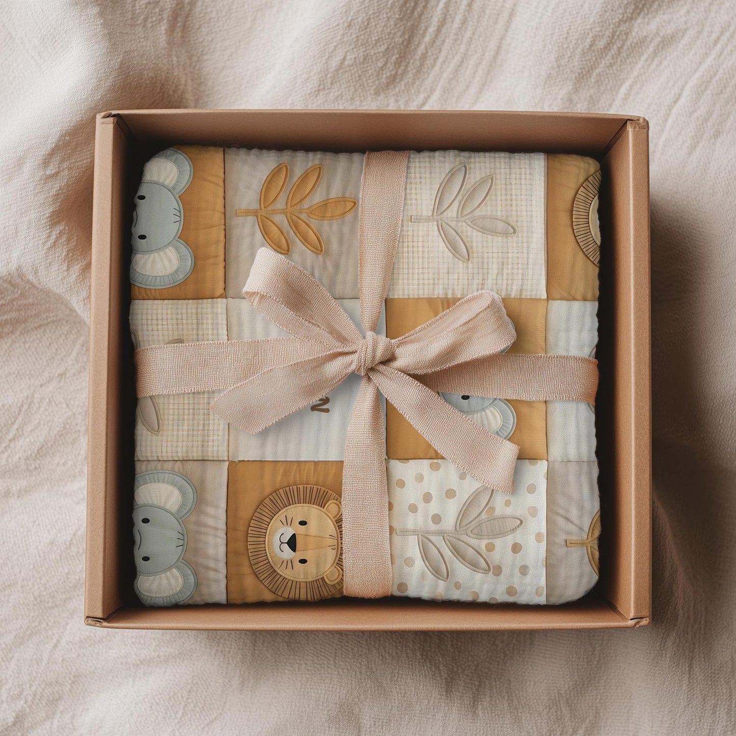 Personalized patchwork look baby blanket with name, lion and elephant in a soft safari quilt design. Cozy newborn blanket and baby gift.