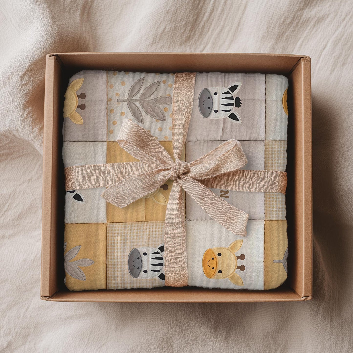 Personalized patchwork look baby blanket with name, giraffe and zebra in a soft safari quilt design. Cozy newborn blanket and thoughtful baby gift.