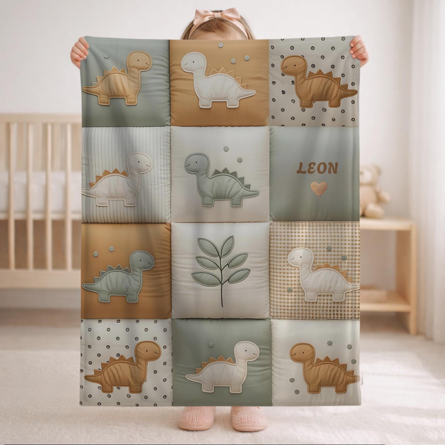 Personalized patchwork look baby blanket with name, featuring cute dinosaur motifs in a soft, neutral dino quilt design. A cozy newborn blanket and thoughtful baby gift.